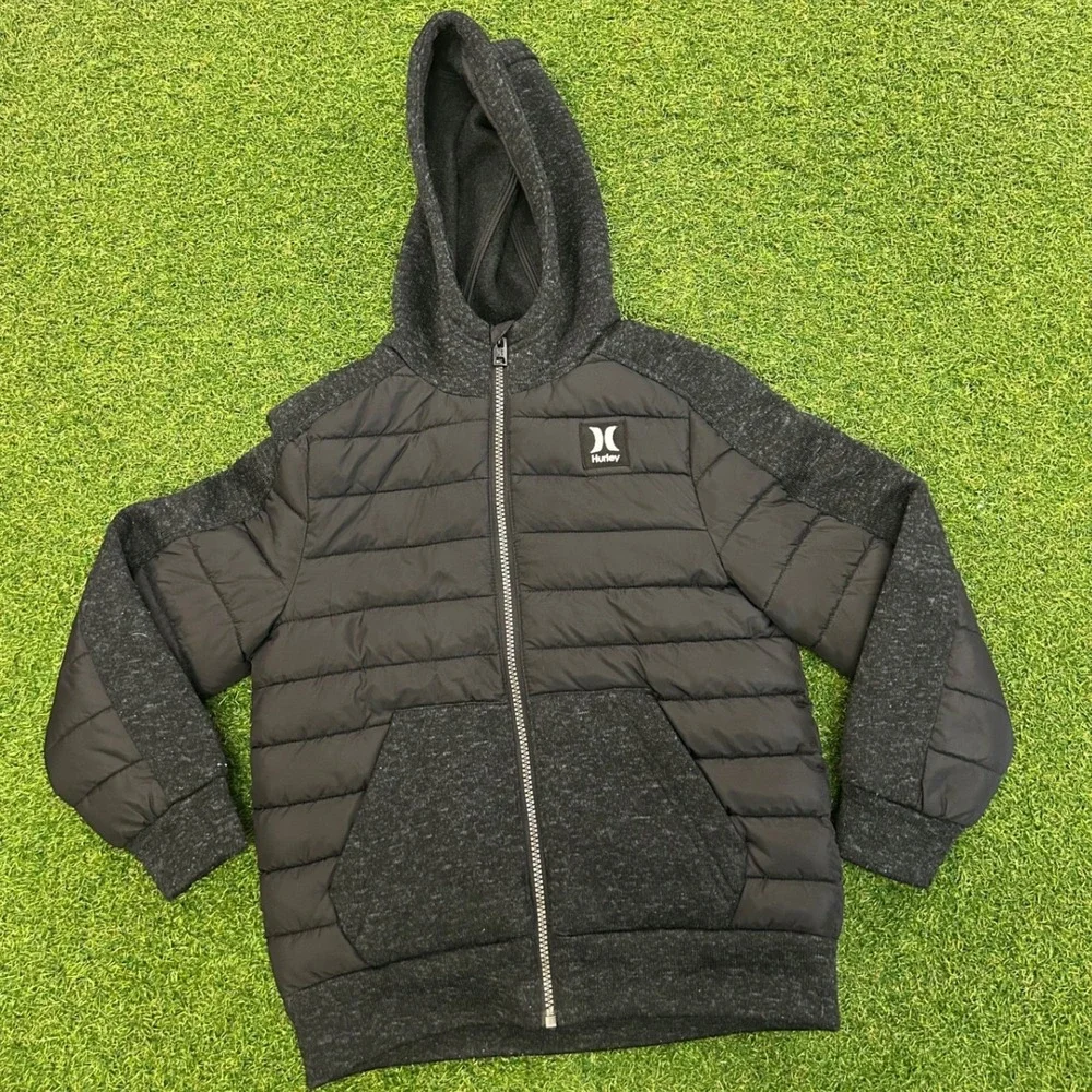 Hurley Boys Hybrid Puffer Jacket Full Zip Hoodie Black Charcoal Size S 7/8